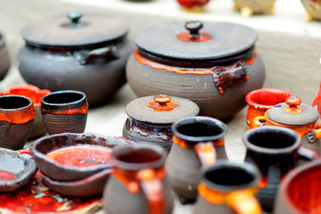 Ceramic dishes, tableware and jugs sold on Easter market in Vilnius, Lithuania