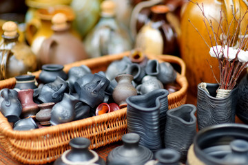 Ceramic dishes, tableware and jugs sold on Easter market in Vilnius, Lithuania