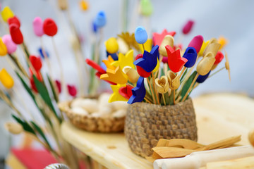 Wooden tulips and decorations sold on Easter market in Vilnius, Lithuania.