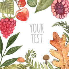 Watercolor illustration with mushrooms and berries. Set of mushrooms. Forest design elements. Hello Autumn! Perfect for seasonal advertisement, invitations, cards