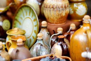 Ceramic dishes, tableware and jugs sold on Easter market in Vilnius, Lithuania