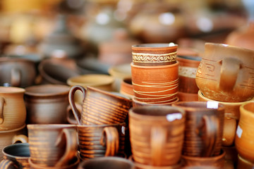 Ceramic dishes, tableware and jugs sold on Easter market in Vilnius, Lithuania
