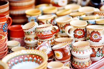 Ceramic dishes, tableware and jugs sold on Easter market in Vilnius, Lithuania