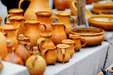 Ceramic dishes, tableware and jugs sold on Easter market in Vilnius, Lithuania