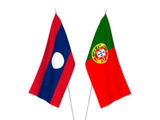 National fabric flags of Laos and Portugal isolated on white background. 3d rendering illustration.