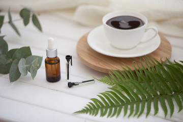 Essential oil, fern, eucalyptus. Skin and hair care. Coffee break.