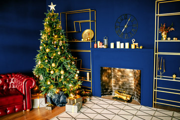 festive Christmas decorations on a blue background, Christmas tree. New Year and Christmas concept