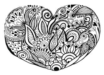 Ornament in the heart of flowers and curls, for a card on Valentine's day, stock illustration, isolated white