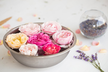 Bouquet of organic lavender and pink water roses for skin care