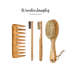 Zero waste wooden brushes-watercolor collection isolated on white background. Wooden comb, massage brush, bamboo toothbrushes, eco-friendly lifestyle, waste-free aesthetics. Hand drawn illustration.