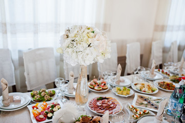 Beautiful wedding set decoration in the restaurant.