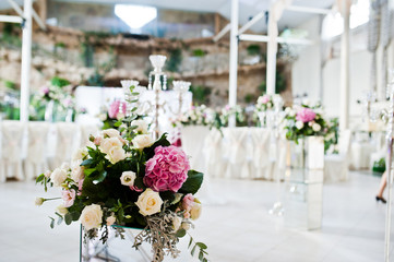 Beautiful wedding set decoration in the restaurant.