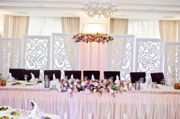 Beautiful wedding set decoration in the restaurant.