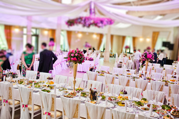 Beautiful wedding set decoration in the restaurant.