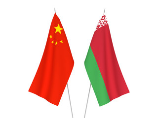 National fabric flags of China and Belarus isolated on white background. 3d rendering illustration.