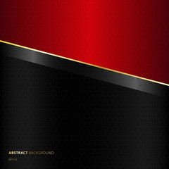 Abstract diagonal black and red template background with golden lines and hexagons pattern texture
