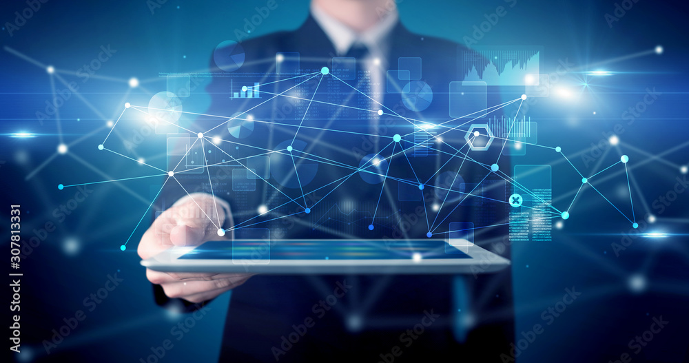 Poster Elegant hand holding tablet with virtual database and network concept