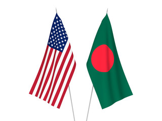 National fabric flags of America and Bangladesh isolated on white background. 3d rendering illustration.