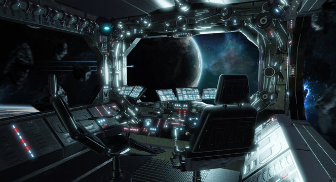 Spaceship grunge interior control room with view on space 3D rendering elements of this image furnished by NASA