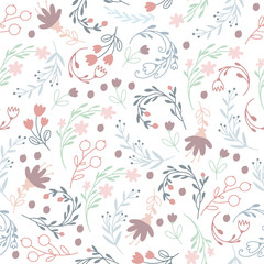 Vector seamless pattern in gentle pastel colors. flowers and plants on the lawn. minimalistic universal background