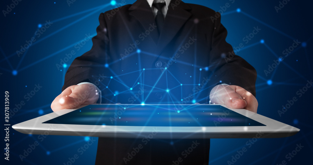 Poster formal hand in a dark space with virtual connection network concept