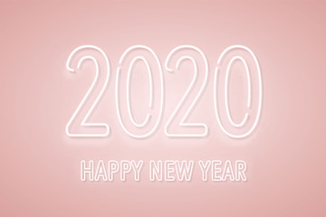 2020 New Year neon signboard. 2020 neon numbers on pink background. Vector festive banner concept design.