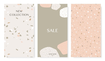 Stories templates with trendy terrazzo collage shapes in pastel colors. Perfect for social media, flyer, card and brochure design. - 307813965