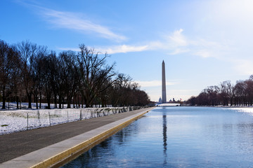 Washington Monument In The Winter, Washington Monument reflecting in the Reflection pool,...
