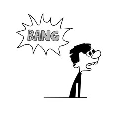 Hand drawn funny characters man with speech bubble BANG, vector illustration