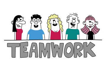 Sketch of funny people with big word Teamwork. Hand drawn cartoon vector illustration for business design.