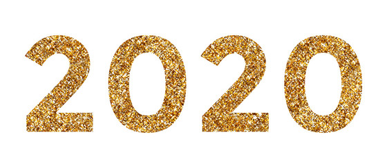 Number 2020 in gold, sparkling numbers isolated on white background