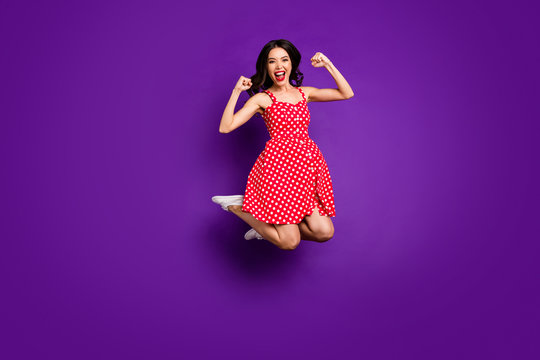 Full length body size view of her she nice attractive overjoyed cheerful cheery wavy-haired girl jumping celebrating attainment isolated on bright vivid shine vibrant lilac purple violet background - Powered by Adobe