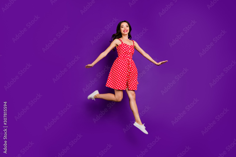 Sticker Full length body size view of her she nice attractive lovely cheerful cheery wavy-haired girl jumping having fun strolling isolated on bright vivid shine vibrant lilac purple violet background