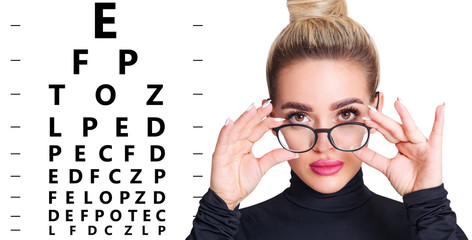 Woman in glasses and eye chart. Ophthalmologist consultation.