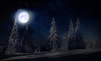 Fototapeta premium Fabulous Christmas landscape. Coniferous forest, snowman and full moon 