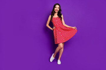 Full length body size view portrait of her she nice-looking attractive lovable cheerful wavy-haired girl posing having fun dancing isolated on bright vivid shine vibrant lilac purple violet background