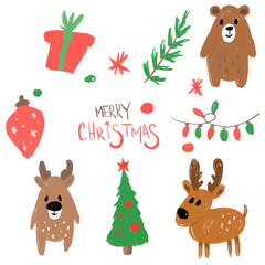 Merry Christmas lettering and drawing of children's digital art pencil. Cute animals deer, bear, Christmas tree with a star, games, gift with a green ribbon, snowflakes and a garland.