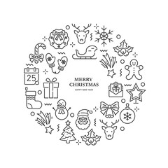 Set of Christmas icons in the shape of a circle on a white background. Symbols for new year and Christmas projects, greeting cards, posters, banners, flyers.