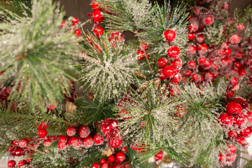 New Year and Christmas still life. Frozen red berries in the winter in the snow.