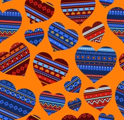 Heart, ethnic ornament, seamless pattern, orange, vector . Blue and red hearts on an orange field. Vintage decor. Textile print. 