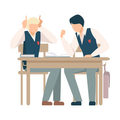 Two Boys Sitting At School Desk and Talking Vector Illustration