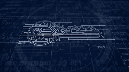 Cyber security with key symbol futuristic sketch