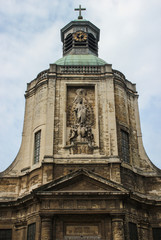 Close up of the facade of Our Lady of Finistere church in Brussels, Belgium