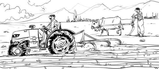 Two men running across the field. Someone is driving the field with a tractor. The other is plowing the field with the plow and the day of the farm animal. Black and white drawing.