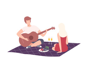Couple Having Picnic in the Park, Man and Woman Characters Relaxing on Nature, Guy Playing Guitar Flat Vector Illustration