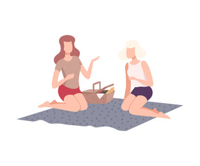 Two Girls Having Picnic in the Park, Friends Relaxing and Talking on Nature Flat Vector Illustration