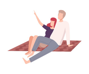 Couple in Love Relaxing Outdoors, Man and Woman Characters Sitting on a Blanket Flat Vector Illustration