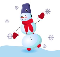 Cute snowman on a white background. Vector illustration. Winter character. Snow woman. Nose carrot..