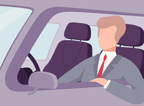 Businessman Driving a Car, View from the Inside, Male Driver Character Holding Hands on a Steering Wheel Vector Illustration