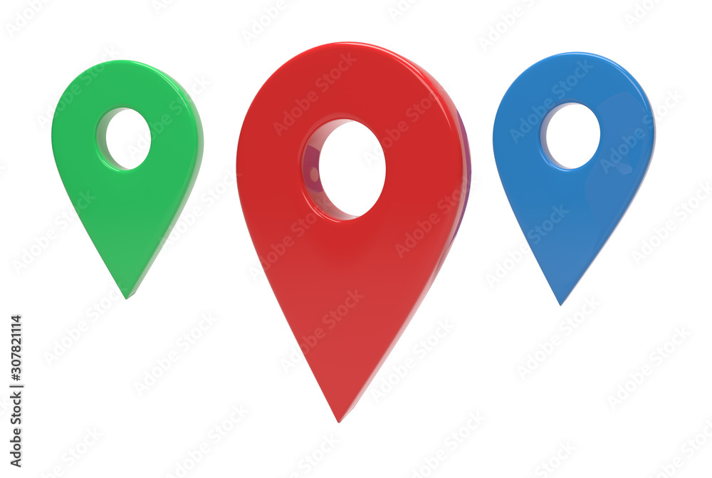 Fototapete blue, red and green map pointer 3d pin. location symbol isolated on white background. web location p